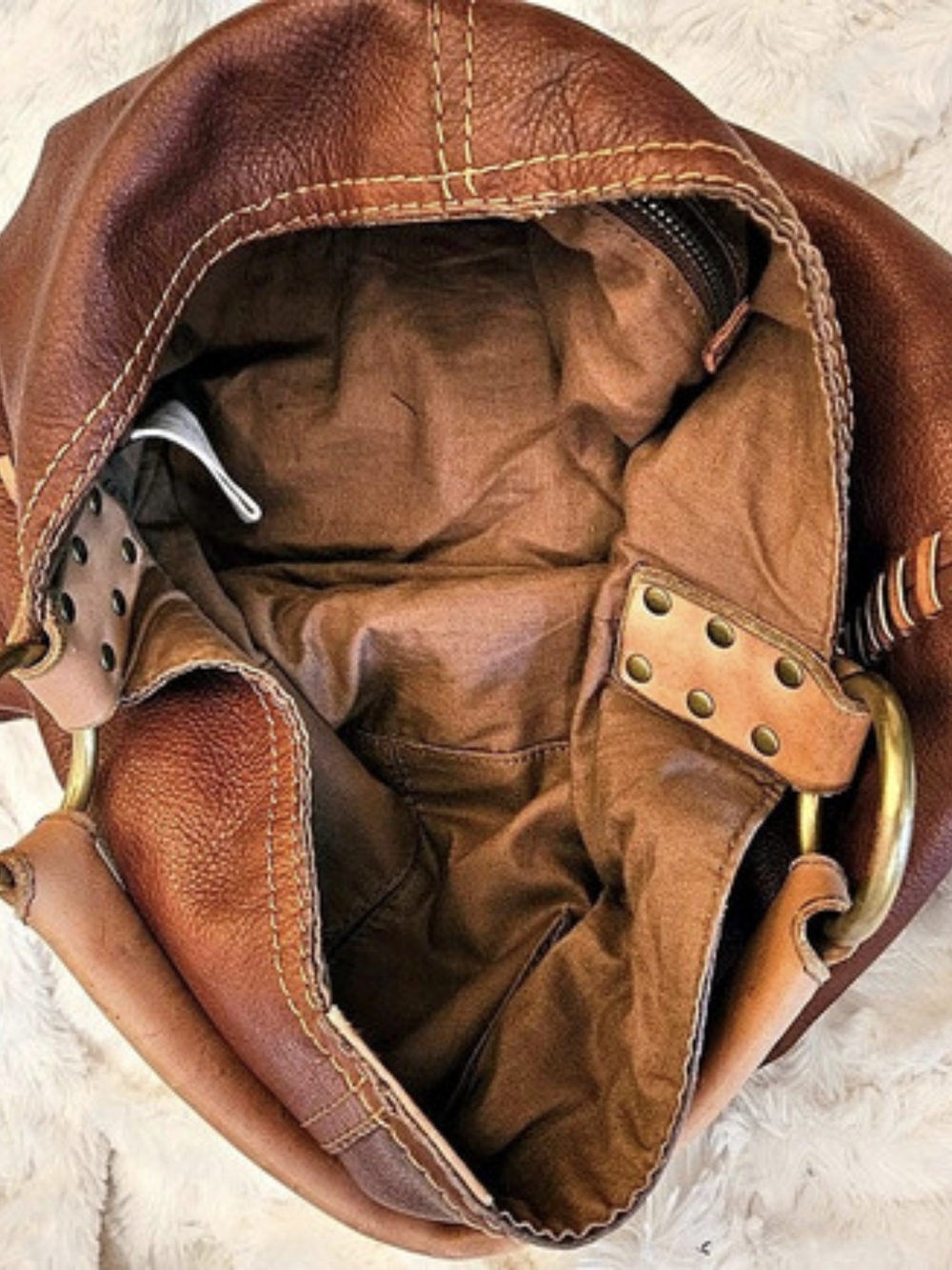 Y2K✨️Lucky Brand☆Brown Leather Slouchy Hobo Bag With Whipstitch - Picture 8 of 13